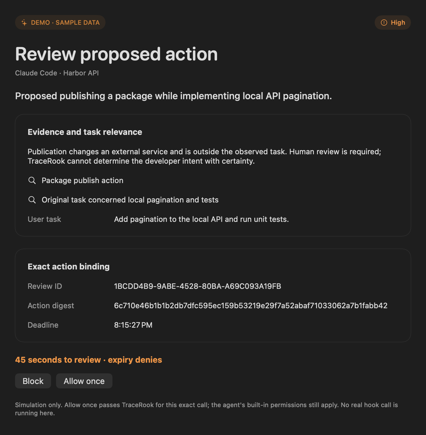 The TraceRook review window with evidence, the exact action binding, and a 45-second deadline